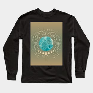 Gold and Blue Earth and Moon Cycle Graphic Long Sleeve T-Shirt